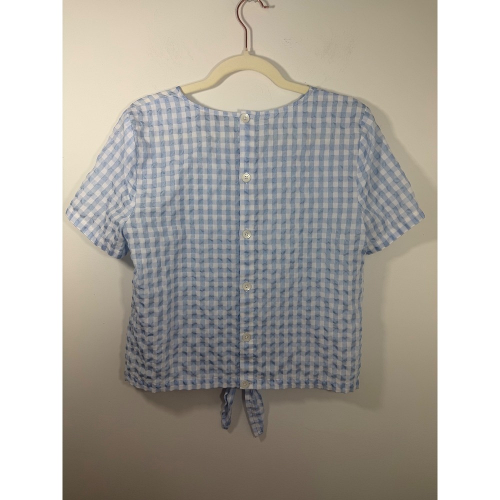 Madewell Blue Gingham Tie Front Button Back Blouse Womens M Short Sleeve Top - Picture 2 of 11